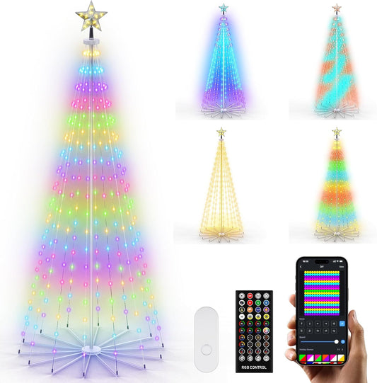 REYLAX 9FT Outdoor Christmas Cone Tree with 460 LEDs, RGB Color Changing Pre-lit Smart Christmas Tree Lights, DIY Lightshow, Music Sync, Outdoor Decoration Lights, App & Remote Control